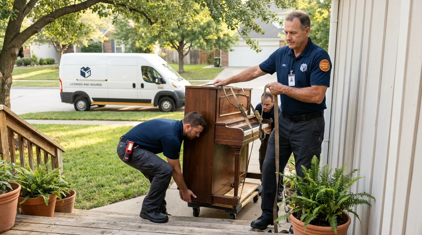 Licensed piano movers securing grand piano in Williamstown, WV