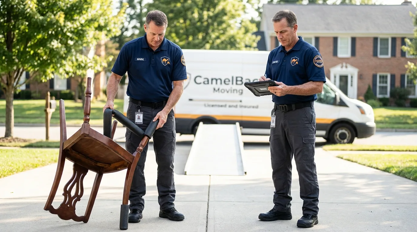 Movers inspecting furniture for damage prevention before loading in Williamstown, WV