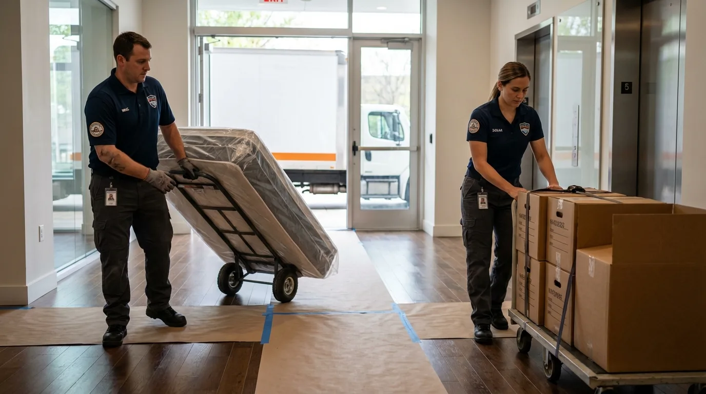 Professional apartment movers loading elevator in Williamstown, WV